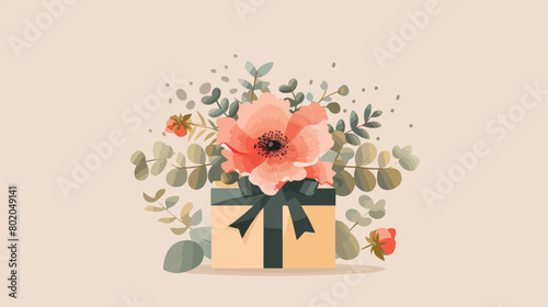 Gift box with beautiful flowers and eucalyptus on bei