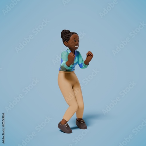 3d woman panic and fear by bending his legs slightly while clenching his fists