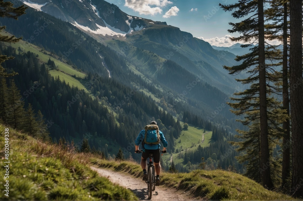 Cyclist rides a mountain bike on a trail, surrounded by lush green forests and snow-capped mountains under a clear blue sky