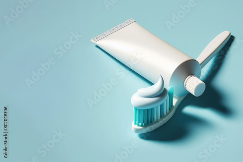 Toothpaste lying on top of a toothbrush. Space for text. photo