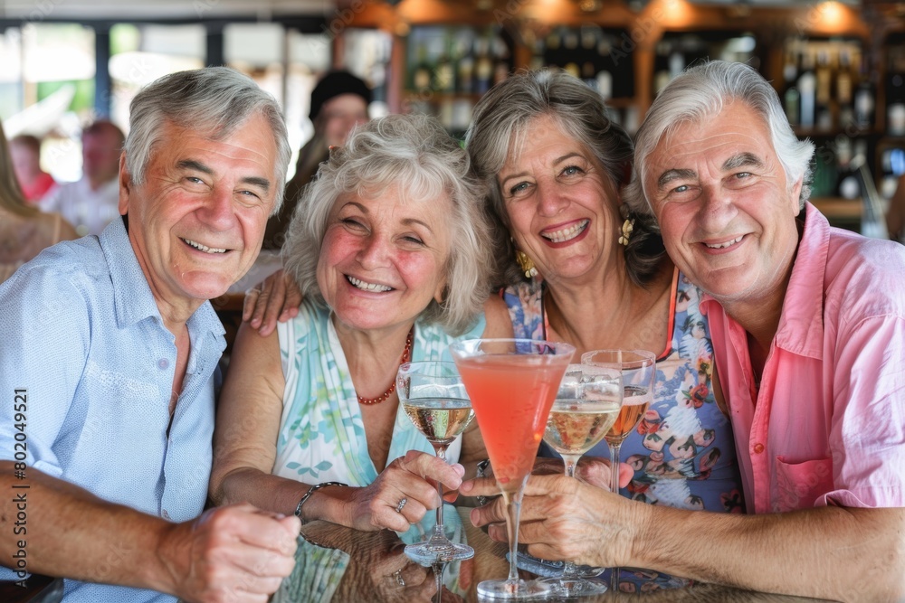 Portrait of happy senior friends toasting with champagne at bar counter