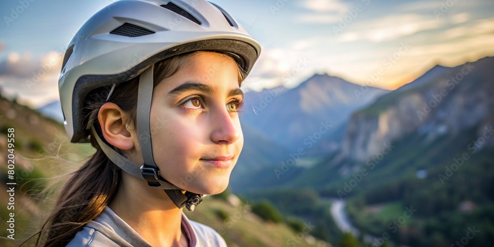 Close-up portrait of Caucasian young beautiful girl in a bike helmet on mountain background, space for text. Mountain bike on offroad, portrait of cyclist at sunset. extreme, fitness Close-up portrait of Caucasian young beautiful girl in a bike helmet on mountain background, space for text. Mountain bike on offroad, portrait of cyclist at sunset. extreme, fitness
