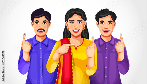 Vector illustration of people of different religions showing their ink-mark fingers voting sign of India. Concept of Indian election photo