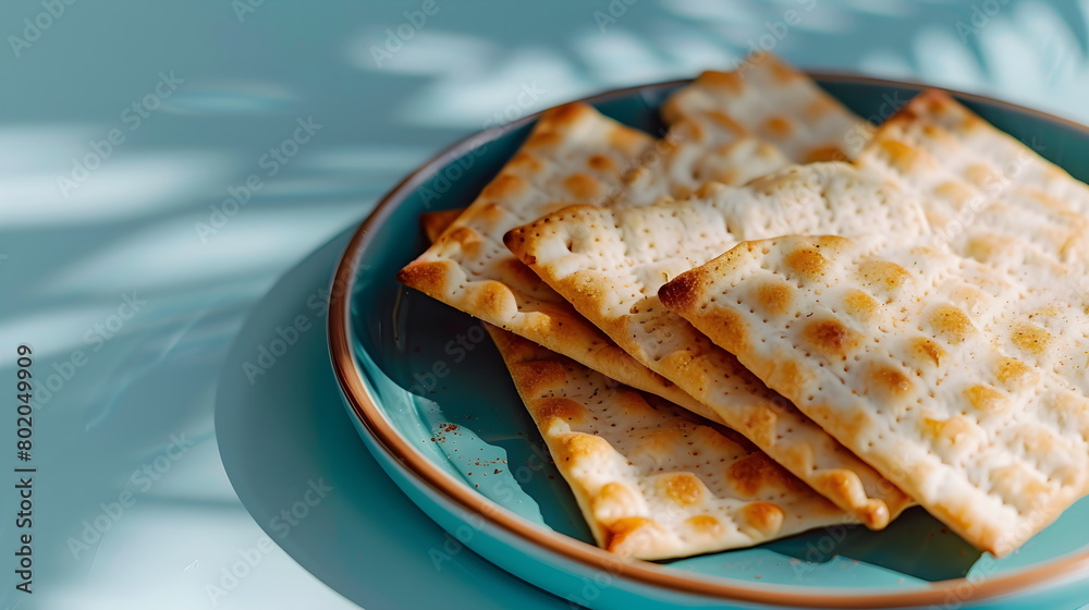 A stack of savory square crackers in a flat light blue bowl isolated on a light blue table background with plant shadows. Sesame cracker, cracker, diet bread