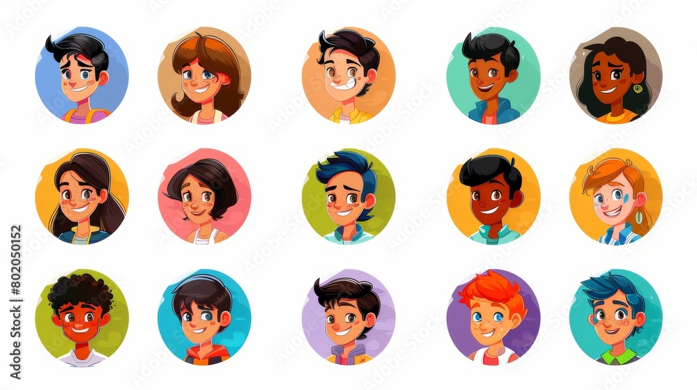 Avatars for social media and web design, round icons with faces of women and men. Isolated modern set of black haired people for social media and web design.