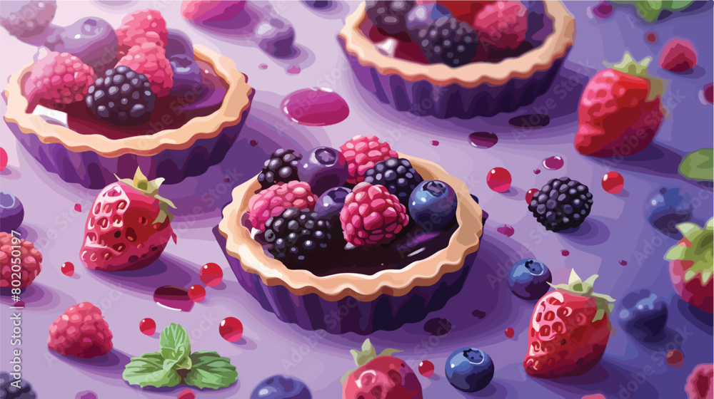 Composition with tasty berry tartlets on purple background