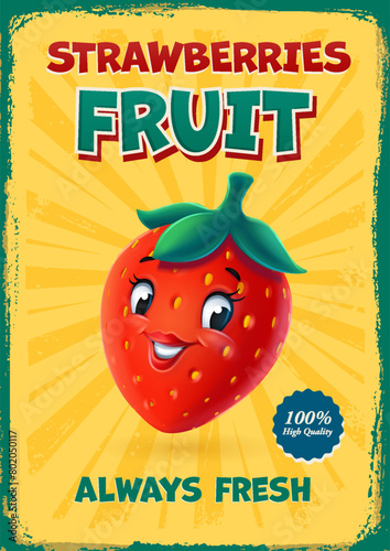 strawberry cartoon character cheerful fruit vintage banner © mollicart