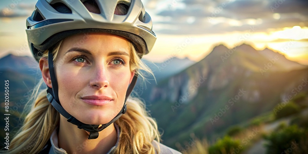 Close-up portrait of white young beautiful woman blonde hair in a bike helmet on mountain background, space for text. Mountain bike on offroad, portrait of cyclist at sunset. extreme, fitness Close-up portrait of white young beautiful woman blonde hair in a bike helmet on mountain background, space for text. Mountain bike on offroad, portrait of cyclist at sunset. extreme, fitness
