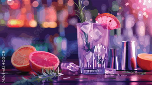 Glass of purple gin and tonic with bartender equipmen photo