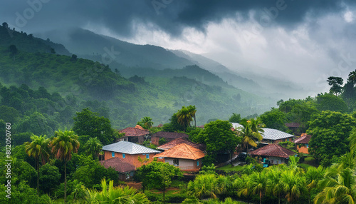Beautiful landscape of rainy Indian village. Cool weather. Generative Ai photo