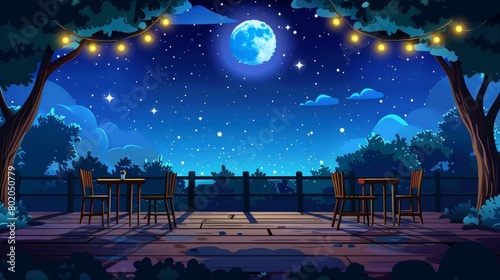 At night, a terraced house at night, a hotel or cafe patio with furniture, a light garland and a dark garden with trees under a starry sky. Modern illustration with wooden verandas and cartoon photo
