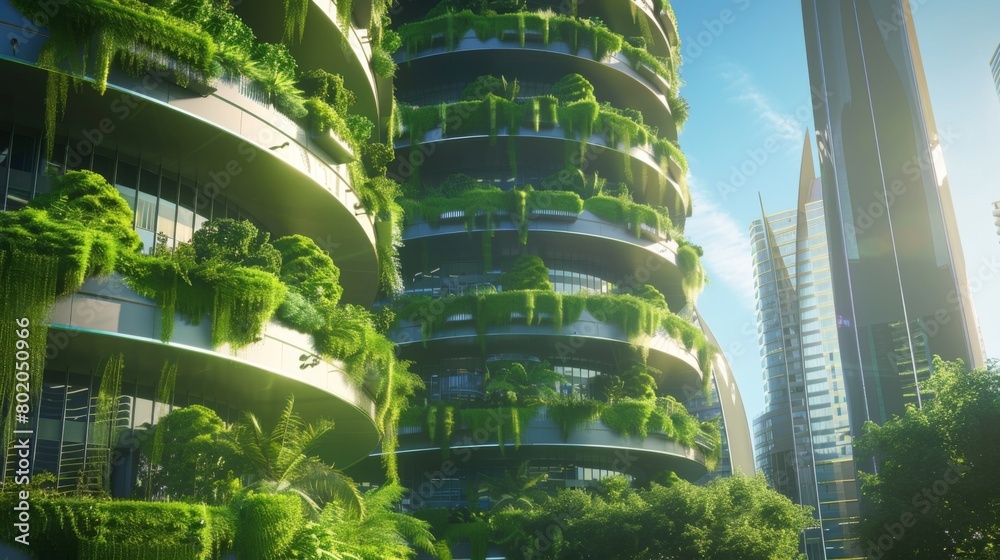 Sustainable green building in modern city. Green architecture. Eco - friendly building. Sustainable building with vertical garden reduce CO2. Futuristic building. Net zero emissions