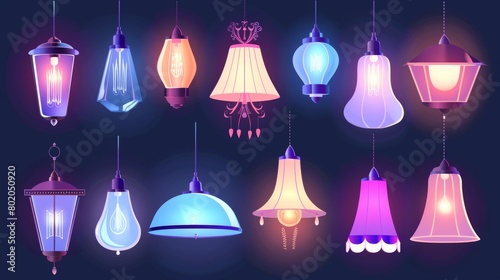Various shades of electric ceiling lamps and light bulbs. Modern cartoon set of light equipment for home and office interior, lanterns and chandeliers with lampshades. photo