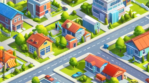 An urban architecture modern poster with exteriors of homes  businesses  warehouses and offices. An isometric fabric banner with a house and store.