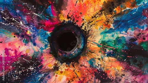 Watercolor abstraction with a black hole at the center, radiating lines and speckled light particles in vivid colors around a dark core