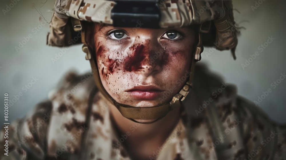 Close up portrait of fatigued military soldier, showing warrior s exhausted expression Close up portrait of fatigued military soldier, showing warrior s exhausted expression