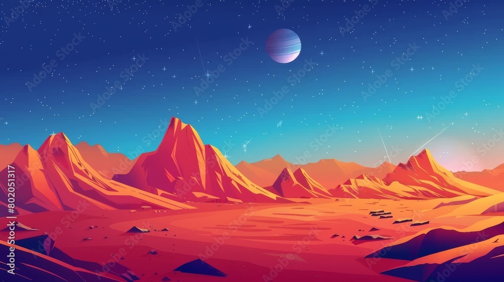The surface of Mars, landscape of alien planet. Space game background with orange background, mountains, stars, Saturn and Earth in the sky. Modern illustration of cosmos and red martian surface.