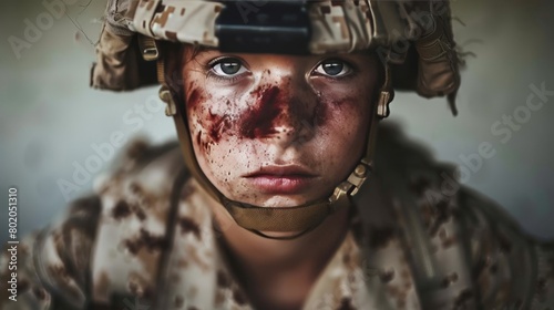 Close up portrait of fatigued military soldier, showing warrior s exhausted expression photo