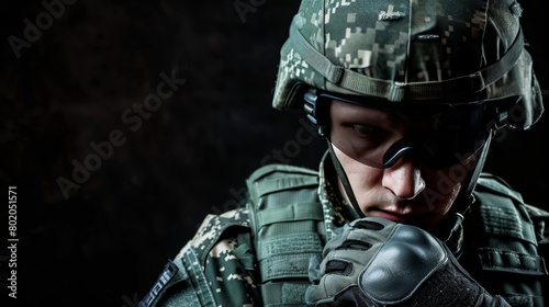 Detailed close up portrait of a fatigued soldier showing exhaustion and weariness photo