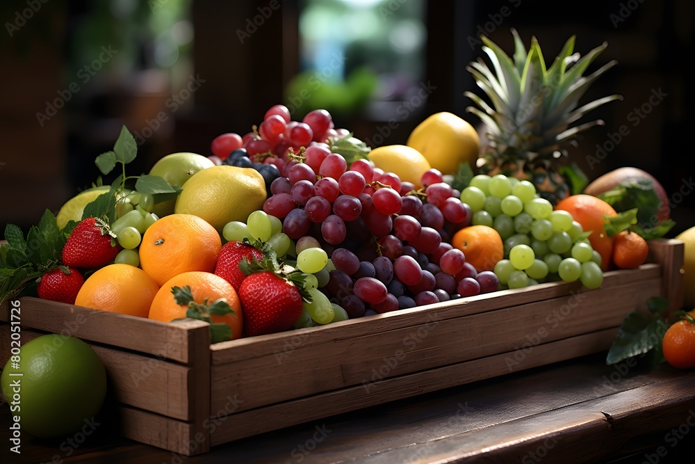 Assortment of fresh fruits in wooden box on wooden table, closeup Assortment of fresh fruits in wooden box on wooden table, closeup