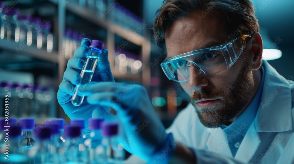 An expert scientist holding vials of potential medical breakthroughs, conducting vital pharmaceutical research in a state-of-the-art lab. An expert scientist holding vials of potential medical breakthroughs, conducting vital pharmaceutical research in a state-of-the-art lab.