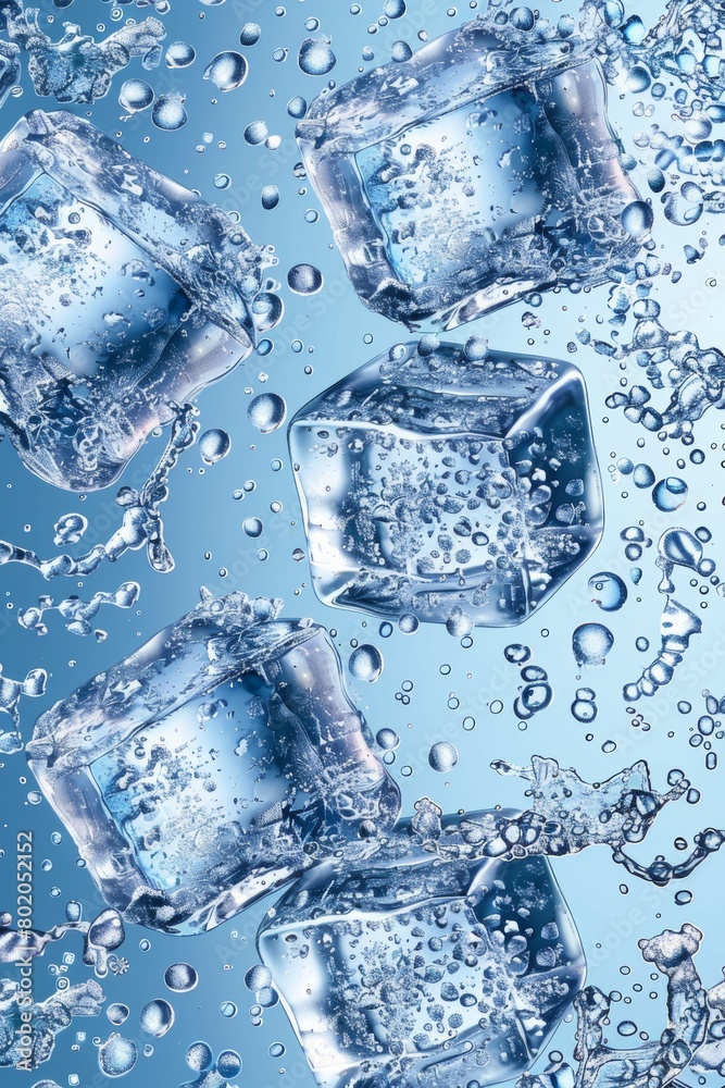Cold blue ice cubes on blurred background panoramic banner in serene light blue color Cold blue ice cubes on blurred background panoramic banner in serene light blue color