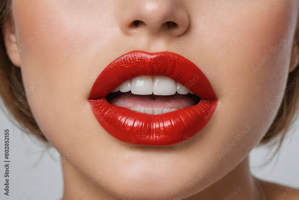 Obraz premium A beautiful woman's lips with red lipstick. close up shot. glossy lips.