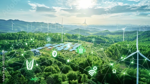 A conceptual image showcasing the integration of green energy solutions and sustainable power engineering, with symbols like wind turbines, solar panels, and eco - friendly technology