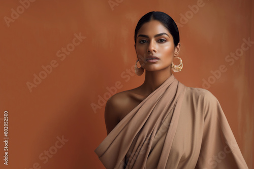 Editorial style minimal ethnic fashion portrait of an Indian female model in earthen colour theme