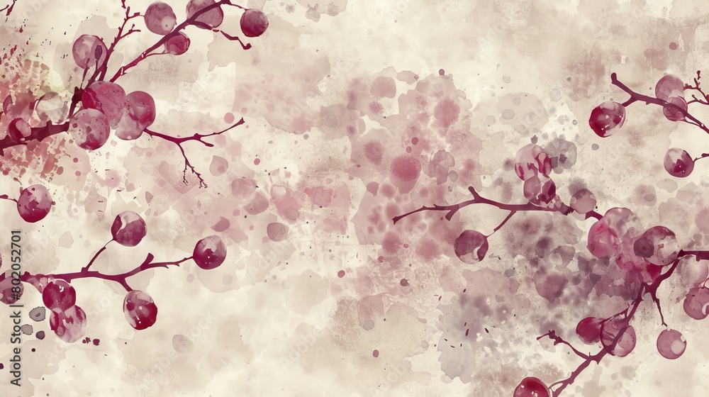 Watercolor pattern of detailed plum branches in a vintage style, complemented by a background of abstract, random watercolor splotches in muted tones Watercolor pattern of detailed plum branches in a vintage style, complemented by a background of abstract, random watercolor splotches in muted tones