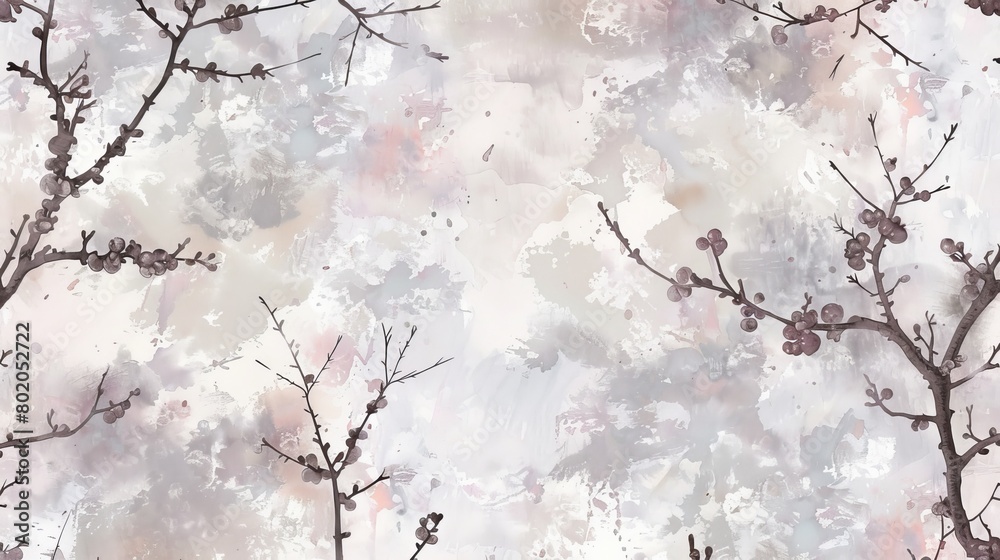Watercolor pattern of detailed plum branches in a vintage style, complemented by a background of abstract, random watercolor splotches in muted tones