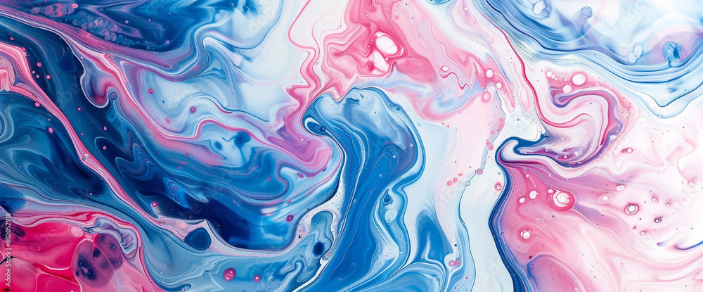 Vibrant swirls of electric blue and captivating pink splashing against a white canvas, creating an abstract composition that sparks the imagination with an intriguing ink marble background.