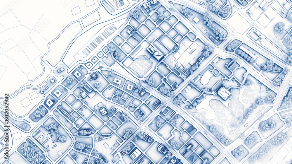 A detailed, technical blueprint showcasing urban planning and city zoning. A layout of a city, including residential, commercial, industrial zones and transportation routes and green spaces