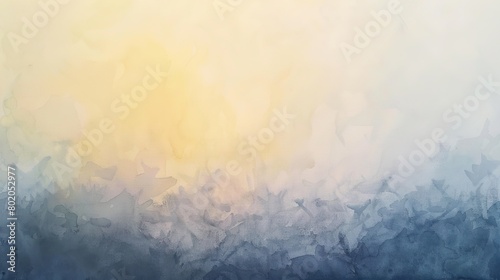 Watercolor painting featuring a gradient of early morning mist, shifting from a pale yellow sunrise to a cool gray dawn