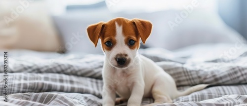 The cutest most adorable short haired Jack Russel terrier puppy with folded ears. Tiny two months old pup with funny fur stains sitting on the bed. Close up  copy space.