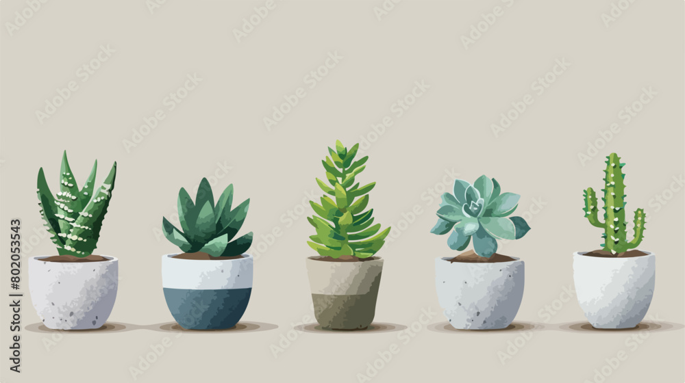 Green succulents and cacti in pots on light background