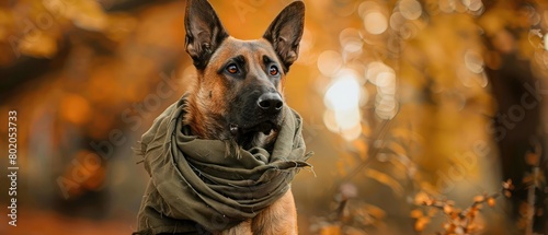 The portrait of a young Belgian Shepherd dog Malinois posing outdoors in autumn wearing a green shemagh scarf around its neck