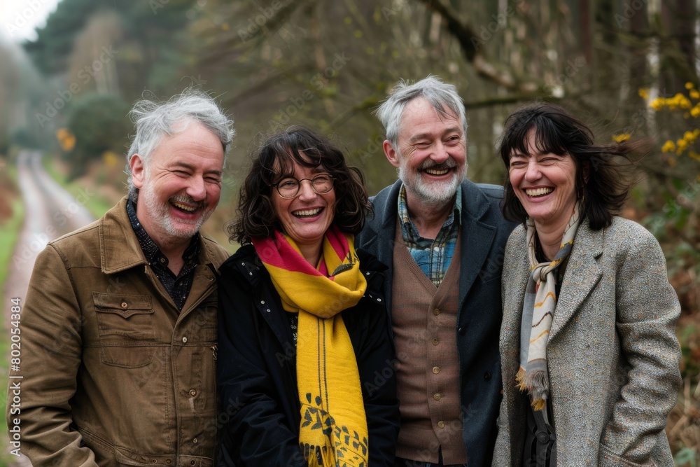 Group of senior friends walking together in the countryside, smiling and laughing. Group of senior friends walking together in the countryside, smiling and laughing.