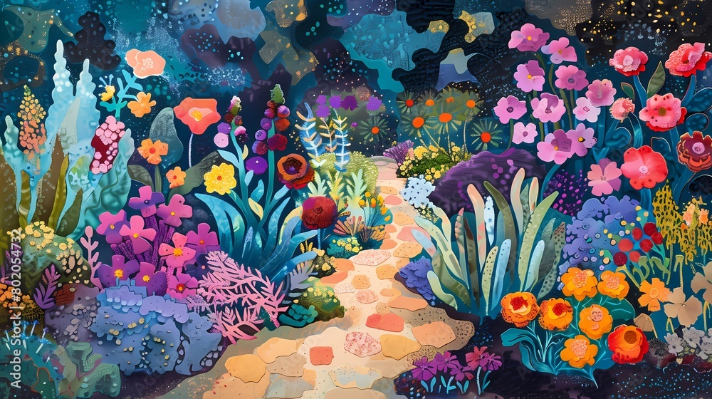 Colorful garden with flowers illustration poster background