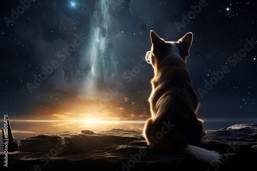 A dog sits on a distant planet and gazes at a shooting star.