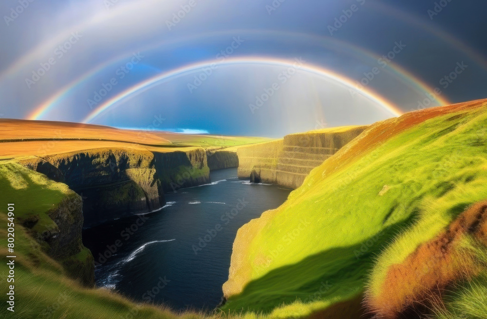 Obraz premium Sweeping views of a dramatic cliffside under a brilliant double rainbow
