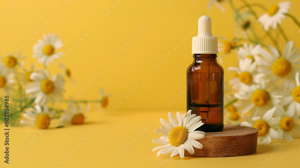 Bottle of essential oil on podium and chamomile flower