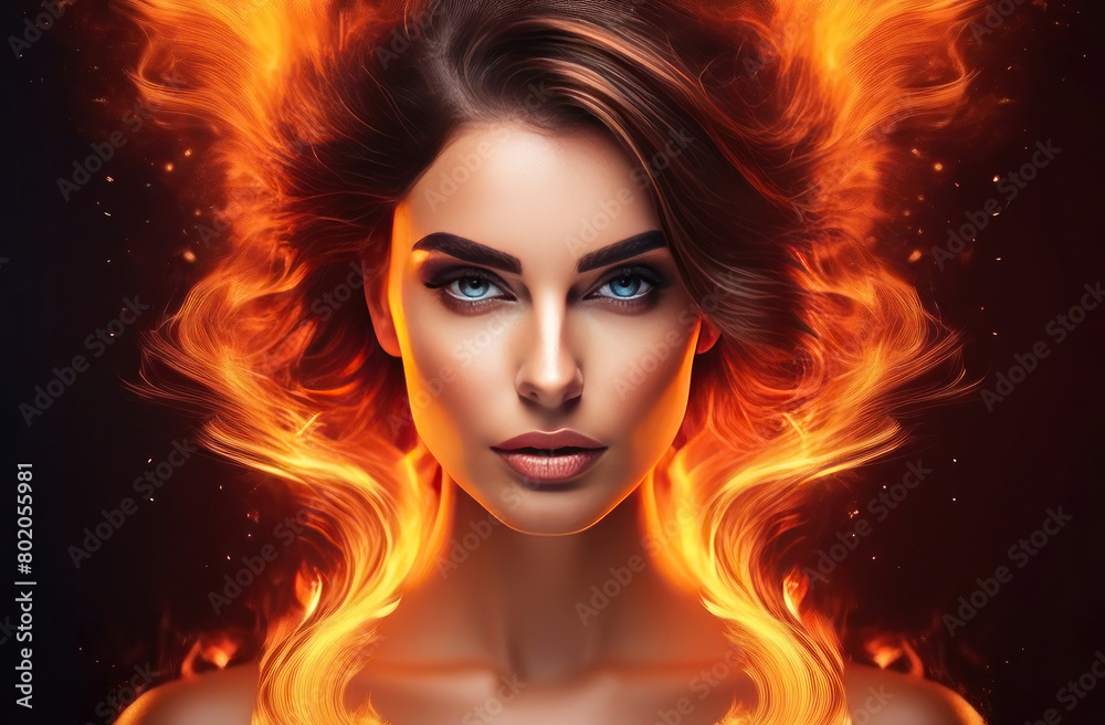 Intense digital portrait with fiery hair swirling around a woman's face