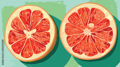 Halves of tasty pomelo fruit on green background closeup