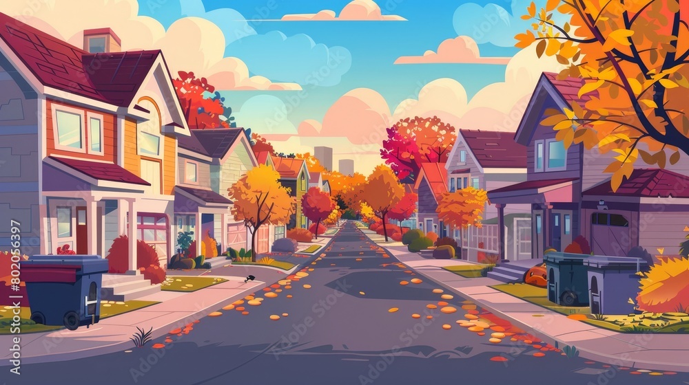 Fall landscape with suburban cottages, garages, garbage bins, and road at night. Modern cartoon illustration of suburban district street with houses in autumn.