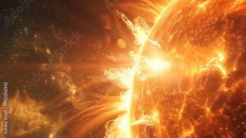 Earth's sun in outer space. Artistic concept 3D illustration as lower third shot of solar surface with powerful bursting flares and star protuberances erupting with magnetic storms and plasma flashes photo