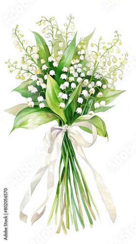 Aesthetic watercolor flowers lily of the valley bouquet tied with ribbon, wedding concept. Invitation. Generative AI