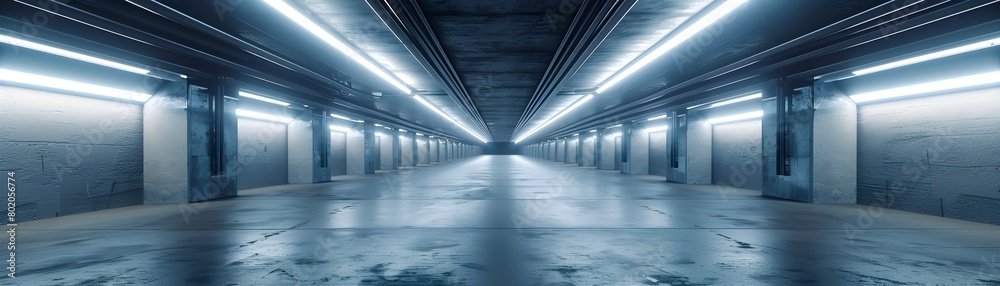Dark Concrete Tunnel with Bright LED Lights in Minimalist Industrial Warehouse Corridor