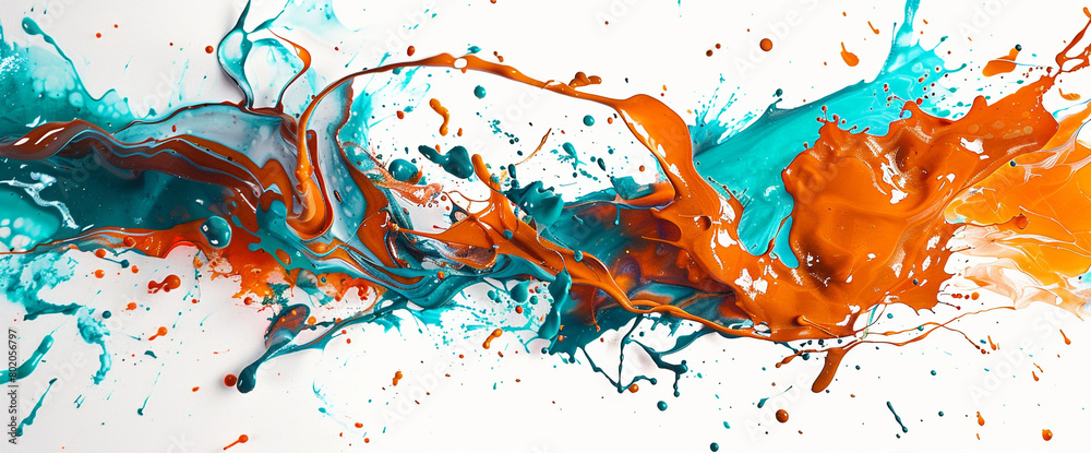Bold splashes of vibrant orange and deep turquoise colliding with each other against a clean white backdrop, forming abstract shapes that demand attention. Bold splashes of vibrant orange and deep turquoise colliding with each other against a clean white backdrop, forming abstract shapes that demand attention.