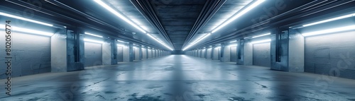Dark Concrete Tunnel with Bright LED Lights in Minimalist Industrial Warehouse Corridor